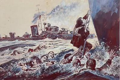 Wartime Naval Watercolour U Boat Crew Rescue • £285