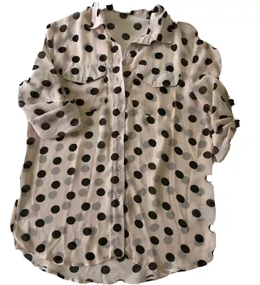 I Jonah Sheer Blouse Size L Blush Pink With Black Polka Dots Roll Tab Sleeves • $12.50