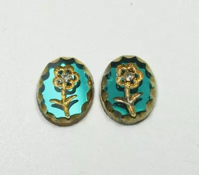 Vintage Glass Flower Cabochons 10X8mm Gold On Emerald Green Made In Germany 2pcs • $5.49