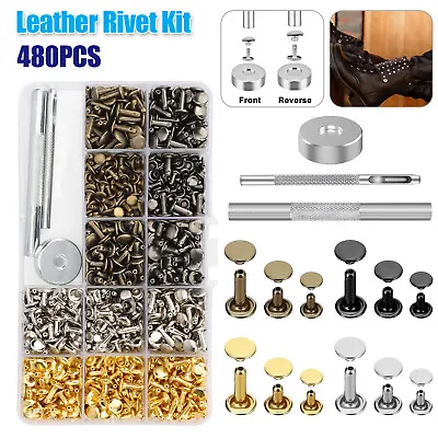 480PCS DIY Leather Craft Rivet Double Cap Tubular Metal Studs Punch Tool Kit Set • $14.98