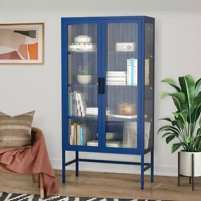 Cold-Rolled Steel Sideboard Furniture Double Glass Door Storage Cabinet Blue • $264.99
