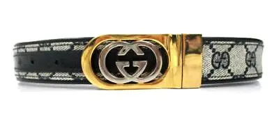 Gucci Vintage Navy Gg Monogram Canvas & Leather Reversible Belt Sz.xxs • $195