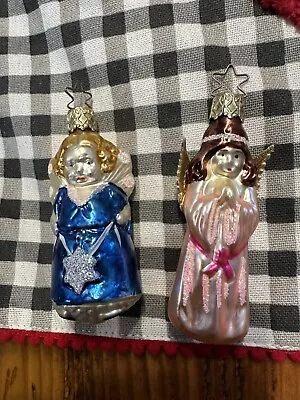 2 Vintage Inge Glas Ornaments ANGELS Blue Silver Pink Robe Foil Wings Germany • $18.99