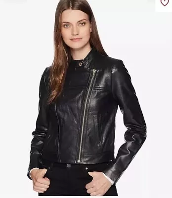 NWT MICHAEL KORS Women’s Black Genuine Leather Moto Biker Jacket-Size XL $250 • $121.95