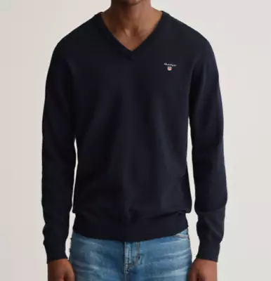 Gant Men's V Neck Sweater Cotton In Black LARGE • £38.99