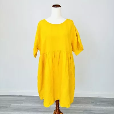 Gorman Smock Shift Dress Yellow Linen Short Sleeve Casual Relaxed Size 12 • $59.95