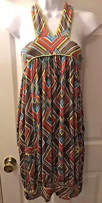 T-Bags Jersey Knit Dress Geometric Stretch Tunic Jumper Colorful Blue Brown Sz M • $25