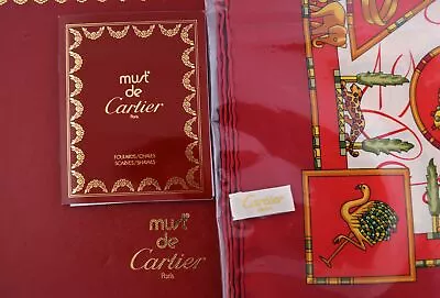 Vintage Must De Cartier Red Silk Panther Neck Scarf 17  X 16.25  NIB • $249.99