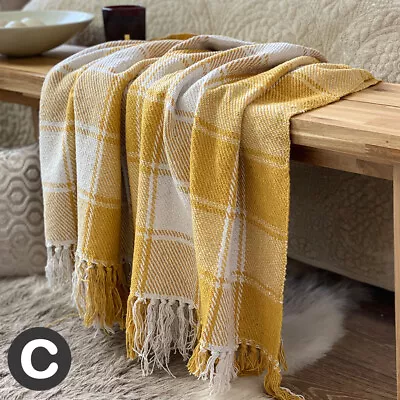 Luxury 100% Cotton Mustard Yellow White Checked Large Sofa Bed Throw Blanket • £11.95