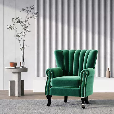 Upholstered Velvet Armchair Sofa Queen Anne Legs Tub Chair Studded Emerald Green • £169.95