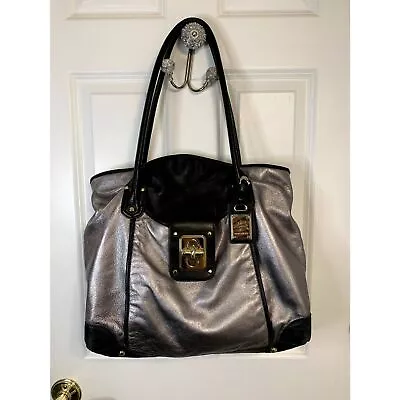 B. Makowsky Silver And Black Metallic Pebble Leather Tote Satchel Shoulder Bag • $70