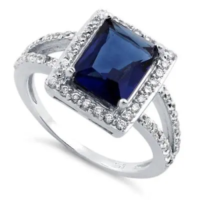 £21.59 • Buy Sterling Silver Sapphire Rectangular Halo CZ Ring Boxed