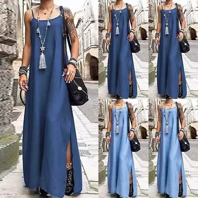 Plus Size Womens Denim Long Maxi Dress Summer Strappy Baggy Holiday Sundress US • $30.49