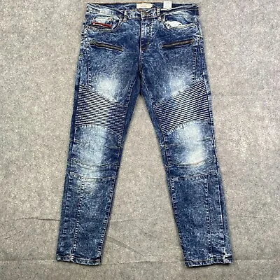 Akademiks Jeanius Jeans Mens Moto Skinny 32x30 Acid Wash Blue Distressed • $25.62