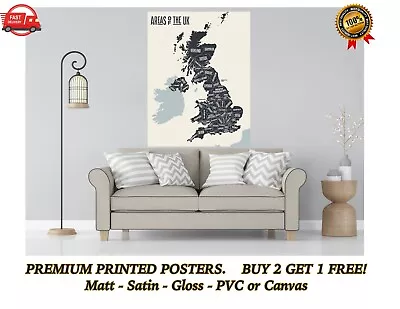 GB UK Map Of Great Britain Areas Large Poster Art Print Gift A0 A1 A2 A3 A4 Maxi • £31.50
