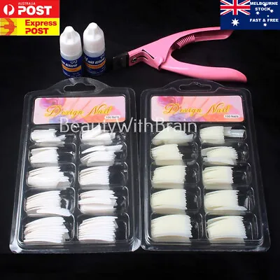 200Pcs French Tips Acrylic False Nails+Glue+Cutter Professional Nail Art Kit • $19.99