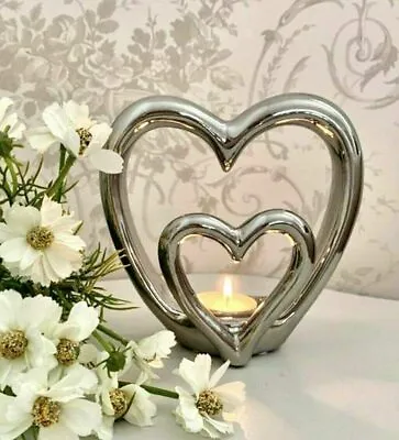 £8.99 • Buy Porcelain Silver Double Heart Tealight Holder Ornament Love Heart Home Decor