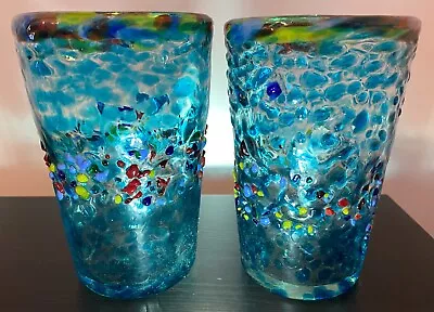 2 Multi-Color Confetti Pebble Rocks Glasses Thick Hand Blown Mexican Glass 18 Oz • $18