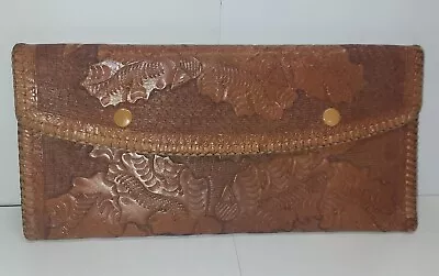 1950s Tooled Leather Clutch Envelope Purse Whipstitch Bohocore Southwestern  • $15