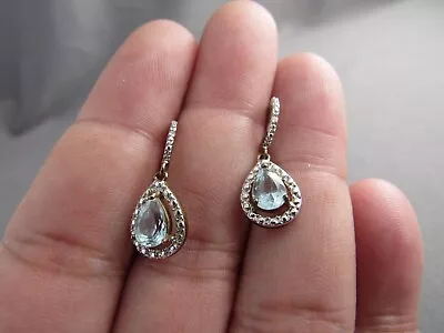 Vintage Rse Gilted Sterling Pear Tear Drop Blue Topaz Diamond Pierced Earrings • $39.99