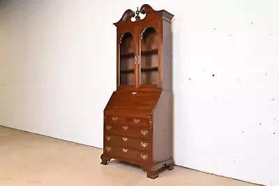 Ethan Allen Georgian Cherry Wood Drop Front Secretary Desk With Bookcase Hutch • $2595