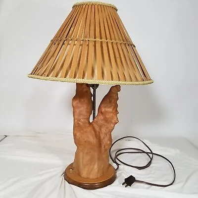 Vintage Cypress Wood Table Lamp Light Drift Brown Bamboo Shade Decor 18  WORKS • $99.99