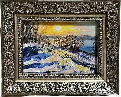 ACEO Original Oil Painting Winter Landscape Forest Sunset Art Signed Framed • £27.44