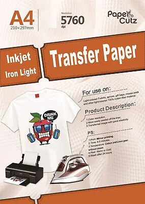 10 X A4 Iron-On T-Shirt Transfer Paper For Light Fabrics For Inkjet Print • £10.99