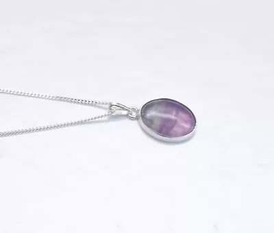 925 Sterling Silver And Rainbow Fluorite Pendant / Necklace • £7.50