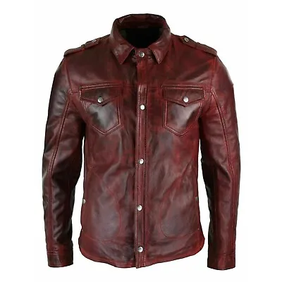 Men's Genuine Lambskin Leather Soft Slim Fit Burgundy Full Sleeve Biker Shirt • $118.99