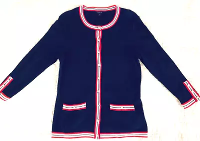  Talbots  Women SMALL Cardigan Blouse Button Navy Pearl Button Business • $20