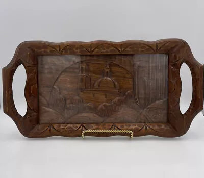 Mid-Century Mexican Wooden Serving Tray With Glass Panel & Hand Carved Vintage • $19.99