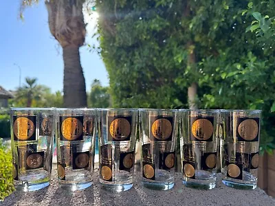 Mid Century Highball Cocktail Glasses 24kt Gold And Black World Coins Set Of 6 • $40