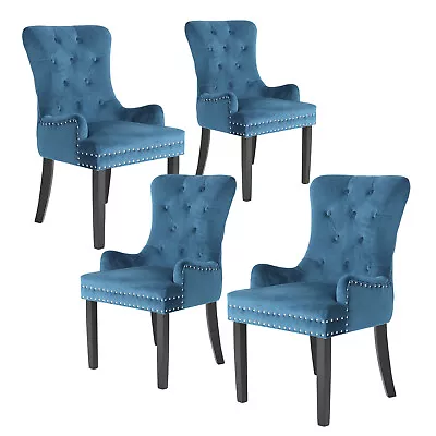 $549 • Buy 4X Dining Chair French Provincial Ring Studded Velvet Rubberwood LISSE