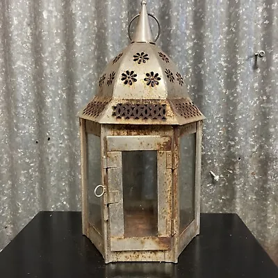 Vintage Metal & Glass Candle Lantern Lamp Garden Art Rustic • $43.90