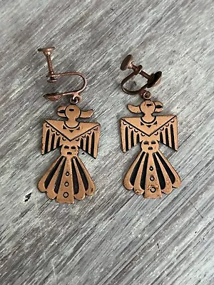 Vintage Copper Mayan Aztec Bird Earrings Pierced Dangle • $23