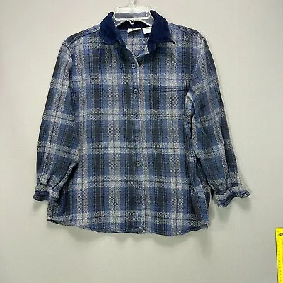 Vintage 90s Womens Large Shirt Plaid Flannel Button Corduroy Collar Grunge Blue • $30.50