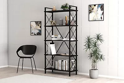 Lugo Black 5 Shelf Industrial / Modern Design Bookcase - Black • $169