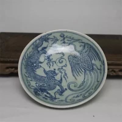 Antique Chinese Ming Dynasty Blue And White Dragon Phoenix Dish Plate • $19.99