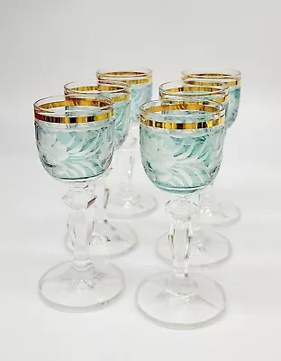 Set Of 6 Glasses Cut To Clear Green Bohemia Crystal Vintage 24k Rim 4 H • $80