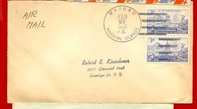 USA 3c COLORADO Pair Used On Cover MAJURO Marshal Island Cancel To NY 1952 • $4
