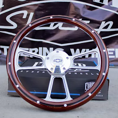 14  Billet Steering Wheel For Chevy - Mahogany With Rivets And Chevy Horn Button • $179.48