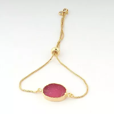 Amazing Pink Sugar Druzy CZ Quartz Gold Electroplated Slider Lock Chain Bracelet • $5.49