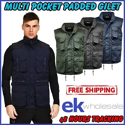 Men's Multi Pocket Lined Padded Gilet Work Wear Outdoor Showerproof Bodywarmer • £6.99