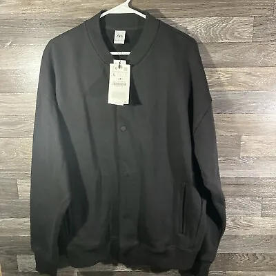 NWT Zara Men's Large Varsity Bomber Jacket Black Wool Flight Missing Button • $40