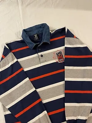 Warner Bros Long Sleeve Men XL Blue Grey Cotton Stripe Golf Polo Daffy Duck 2055 • $22.99