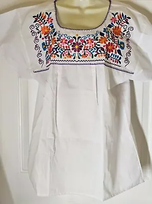 Hand-Made Mexican Colorful Embroidery Peasant Frida Top Large White • $14.99