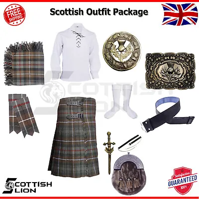 Men Scottish Highland Traditional Outfit Mackenzie Weathered Tartan Kilt 8 Yards • £174.99