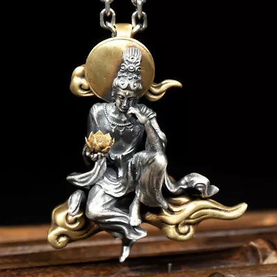 Quan Yin Floats On Clouds Stainless Steel Buddhist Deity Silver Gold Pendant • $70