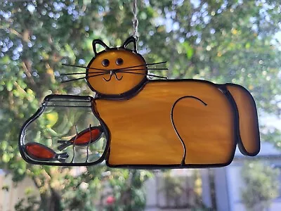 Vintage Stained Glass Orange Cat And Goldfish Bowl • $20